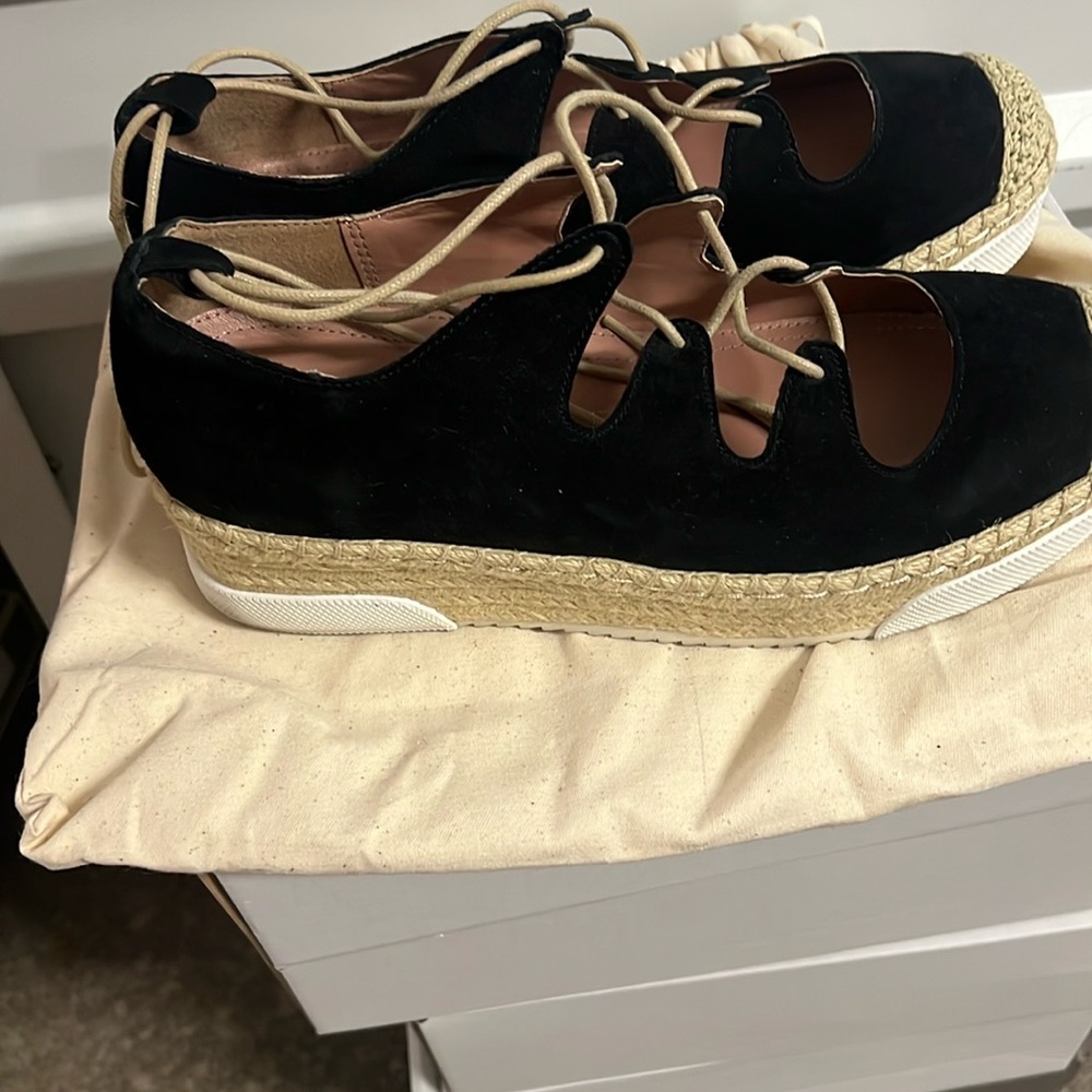Black Espadrille Lace-Up Flats. BCBGMAXAZRIA. Used once. Very good condition. - Picture 3 of 7